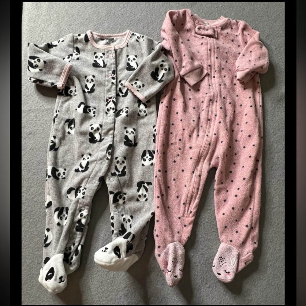 Carters Bon Bebe Set Lot of 2 Fleece Sleepers Girls 6-9 Months Panda Polka Dots
